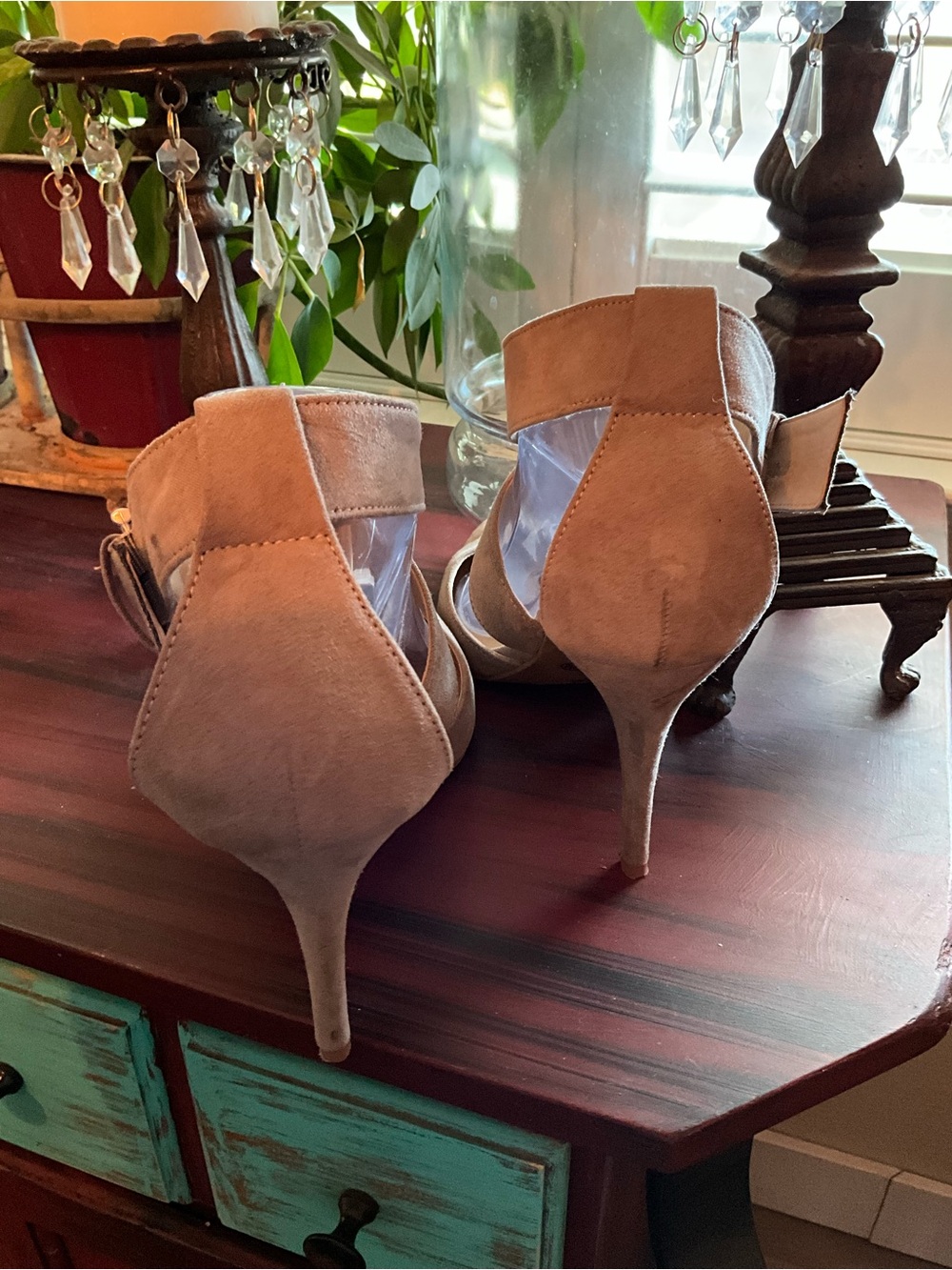 Pointed Toe Ankle Strap Suede Pumps in Taupe - Picture 4 of 9